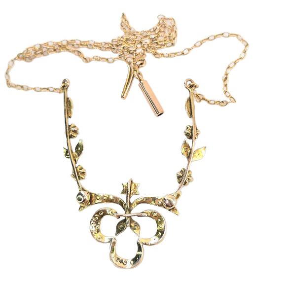 Antique 10k Seed Pearl Hinged Gold Lavalier Star Floral Clover Design Necklace - Picture 9 of 11